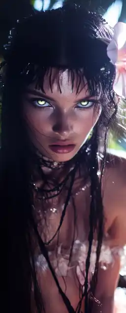 close up fashion shoot of a hawaiian princess with bright green eyes