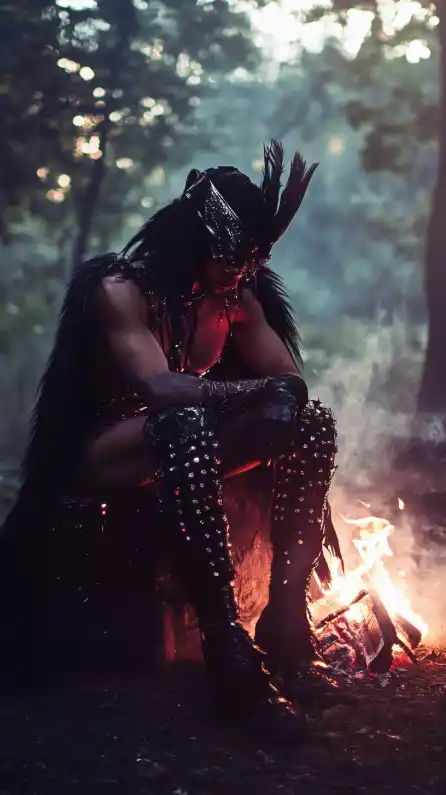 a warrior sitting on a bumfire