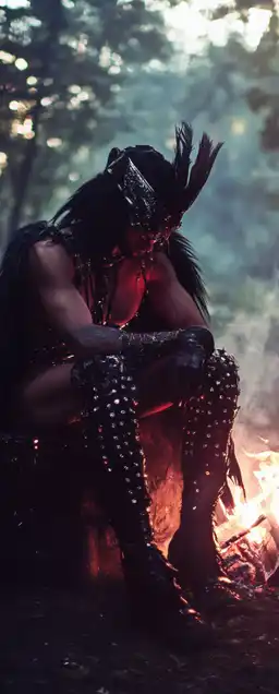 a warrior sitting on a bumfire