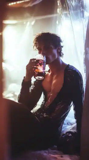 fashion shoot of a male model drinking a beer from a glas bottle