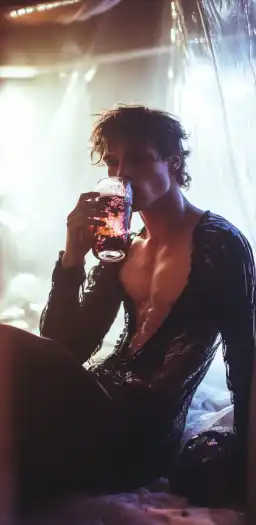 fashion shoot of a male model drinking a beer from a glas bottle