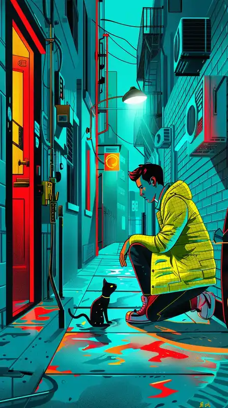 A moody neon-lit alleyway with rain-slicked surfaces, a mysterious woman in a glowing coat crouching to feed a cybernetic stray cat, graffiti flickering with animated symbols, steam rising from vents – urban, cinematic, and emotionally charged