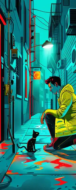 A moody neon-lit alleyway with rain-slicked surfaces, a mysterious woman in a glowing coat crouching to feed a cybernetic stray cat, graffiti flickering with animated symbols, steam rising from vents – urban, cinematic, and emotionally charged