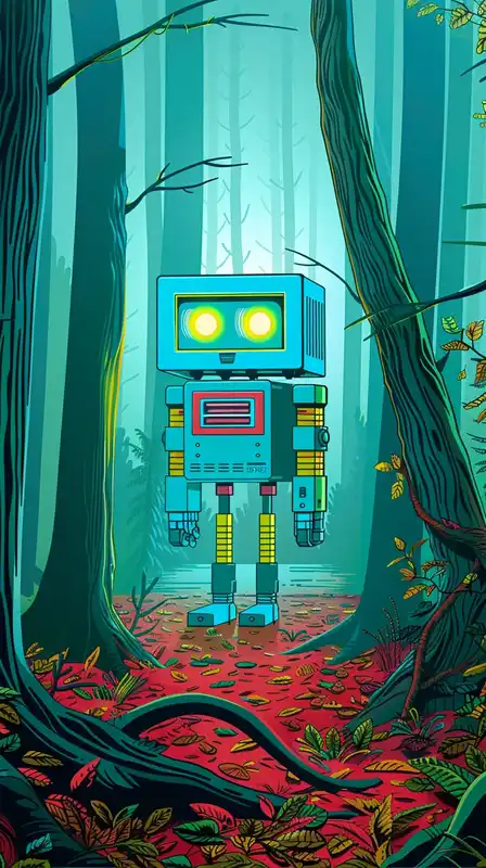 A small abandoned robot standing in the middle of a misty forest trail, faint lights glowing from its eyes, surrounded by fallen leaves and forgotten tech artifacts, soft cinematic lighting with futuristic undertones