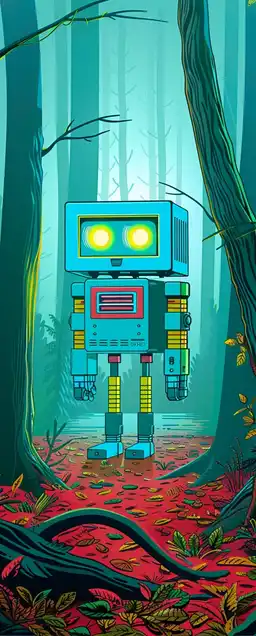 A small abandoned robot standing in the middle of a misty forest trail, faint lights glowing from its eyes, surrounded by fallen leaves and forgotten tech artifacts, soft cinematic lighting with futuristic undertones