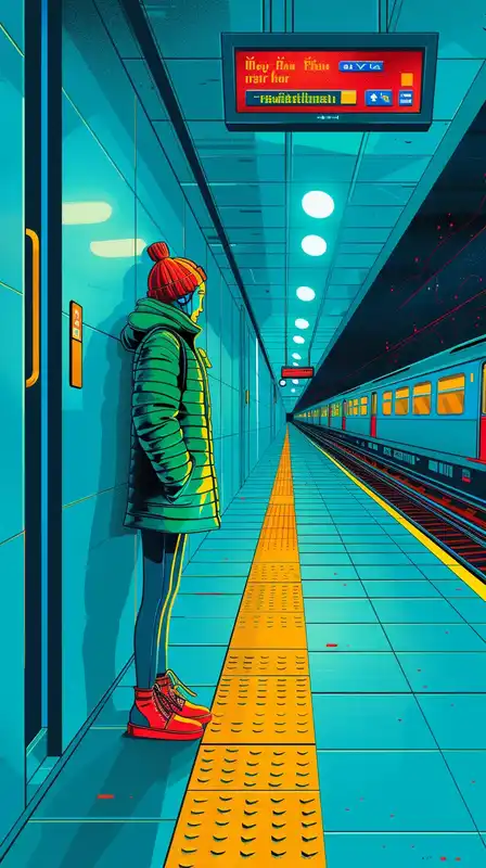 A sleek, semi-abandoned subway platform at dusk, neon info panels flickering, passengers wearing high-tech fashion waiting silently, glowing train lights blurring into the distance – melancholic and moody