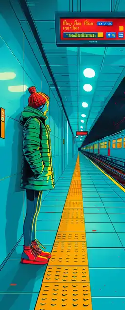 A sleek, semi-abandoned subway platform at dusk, neon info panels flickering, passengers wearing high-tech fashion waiting silently, glowing train lights blurring into the distance – melancholic and moody