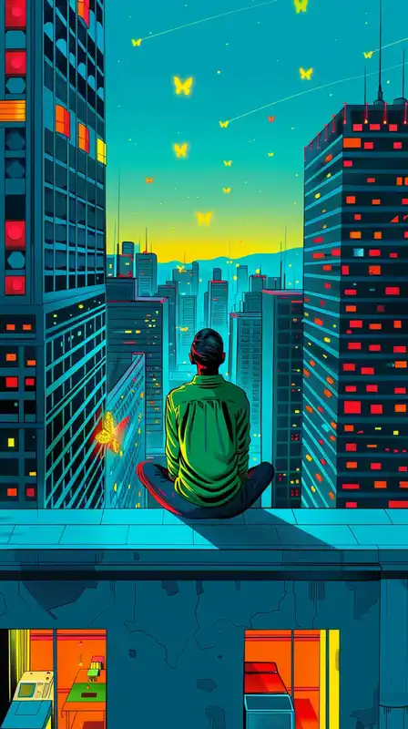 A lone figure meditating on a high-rise rooftop at twilight, surrounded by holographic butterflies and distant glowing billboards, city lights stretching far into the horizon – futuristic serenity with a surreal twist