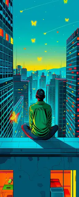 A lone figure meditating on a high-rise rooftop at twilight, surrounded by holographic butterflies and distant glowing billboards, city lights stretching far into the horizon – futuristic serenity with a surreal twist