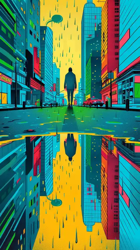 A digital city reflected on a puddle as seen through a cracked lens, vibrant glitched colors rippling through the reflection, a figure walking past unknowingly, rain falling softly – surreal and haunting