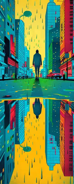 A digital city reflected on a puddle as seen through a cracked lens, vibrant glitched colors rippling through the reflection, a figure walking past unknowingly, rain falling softly – surreal and haunting