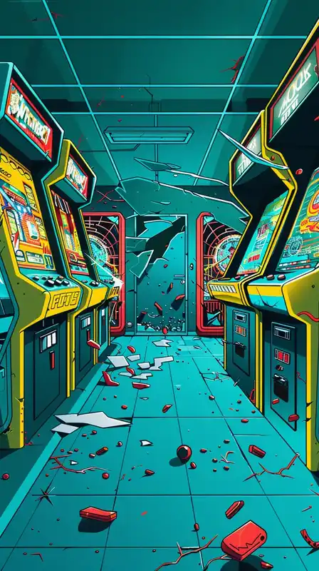 A dimly lit retro-futuristic arcade left to decay, machines still glowing faintly, screens flickering with eerie pixel ghosts, soft light leaks from shattered windows – immersive and nostalgic with a cyber-haunted tone
