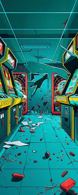 A dimly lit retro-futuristic arcade left to decay, machines still glowing faintly, screens flickering with eerie pixel ghosts, soft light leaks from shattered windows – immersive and nostalgic with a cyber-haunted tone