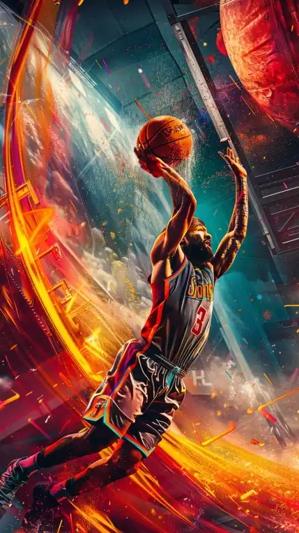 close up of an basketball player dunking