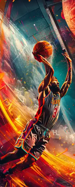 close up of an basketball player dunking