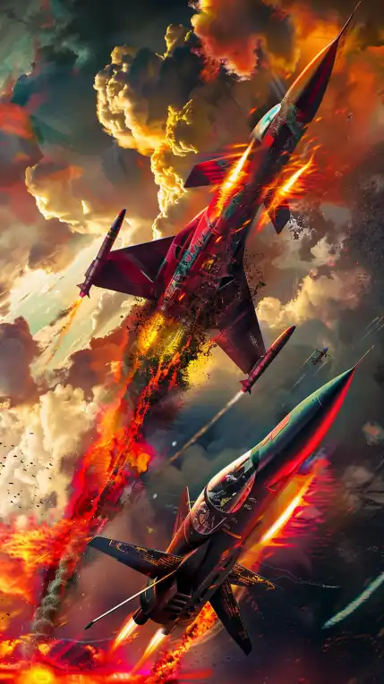 two fighter jets in a dogfight in thick clouds, one is firing a rocket