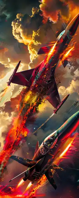 two fighter jets in a dogfight in thick clouds, one is firing a rocket