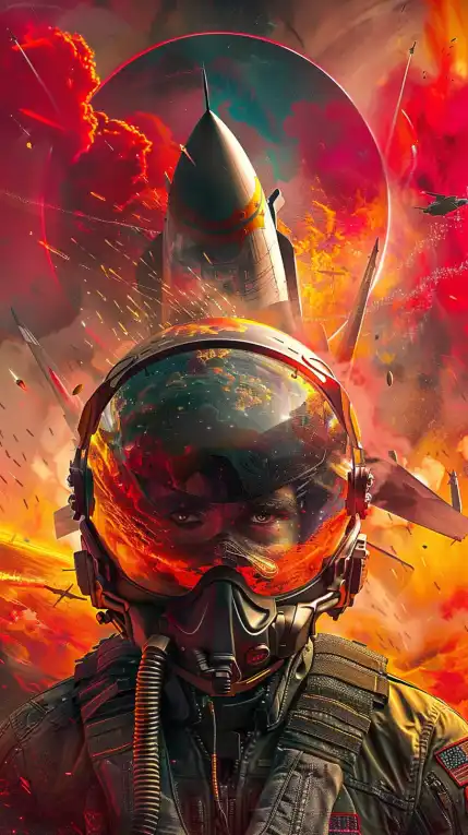 close up shot of a fighter jet pilot with his helmet on, standing in front of a fighter jet