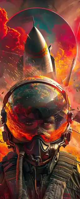 close up shot of a fighter jet pilot with his helmet on, standing in front of a fighter jet