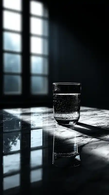 A glass of water placed on a white marble surface with soft natural light coming from a nearby window, gentle shadows and crystal clarity in the reflection