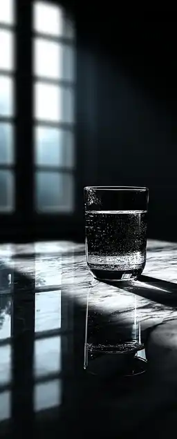A glass of water placed on a white marble surface with soft natural light coming from a nearby window, gentle shadows and crystal clarity in the reflection