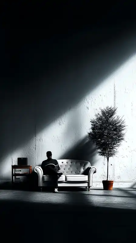 A person sitting on a pale beige sofa reading a book, minimalistic interior with white walls and a single potted plant in the background, ambient daylight softly filling the room 
