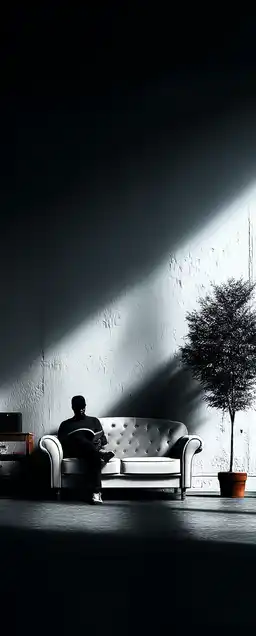 A person sitting on a pale beige sofa reading a book, minimalistic interior with white walls and a single potted plant in the background, ambient daylight softly filling the room 