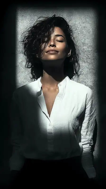 Portrait of a woman wearing a simple white shirt, standing in front of a plain textured wall, natural skin tones and relaxed expression, backlit with clean warm lighting