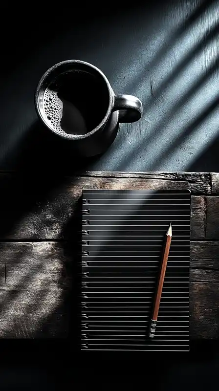 Flat lay of a notebook, pencil, and ceramic coffee cup on a wooden desk, surrounded by negative space, sunlight creating soft shadow lines across the scene