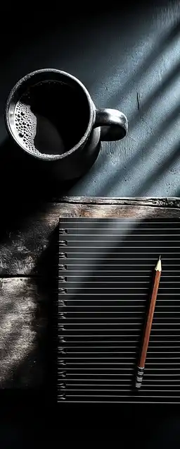 Flat lay of a notebook, pencil, and ceramic coffee cup on a wooden desk, surrounded by negative space, sunlight creating soft shadow lines across the scene