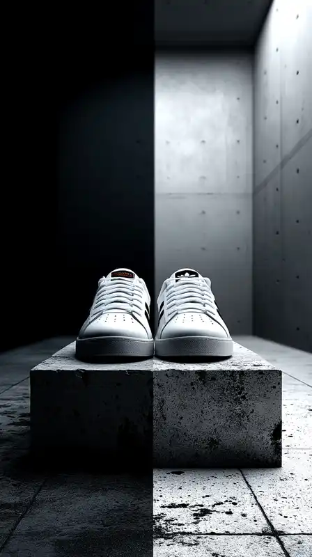 A pair of minimalist sneakers placed on a concrete pedestal, surrounded by white space and soft studio lighting, perfect product presentation with crisp detail