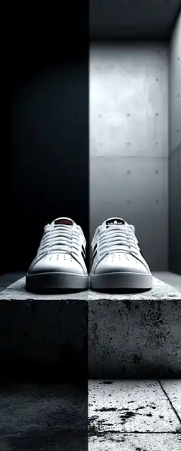 A pair of minimalist sneakers placed on a concrete pedestal, surrounded by white space and soft studio lighting, perfect product presentation with crisp detail