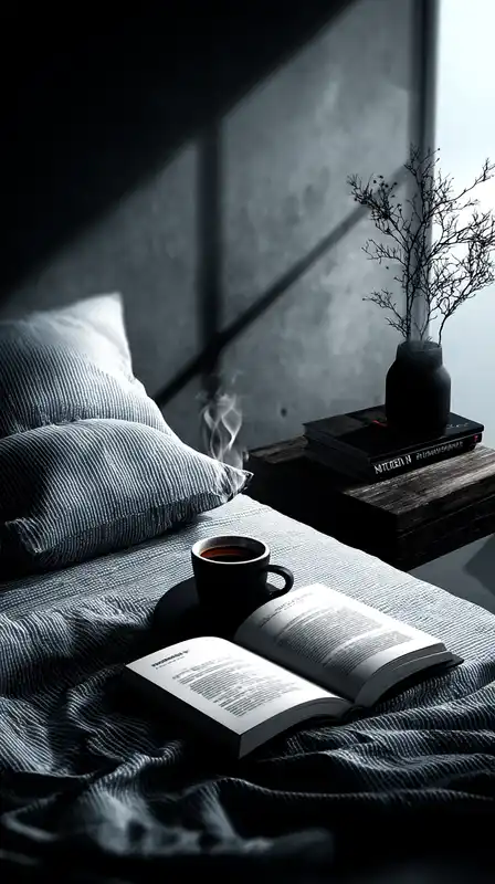 A serene morning scene with white linen bedding, a book lying open and a cup of coffee beside it, light gently spilling in from a nearby window, minimal props, maximum calm