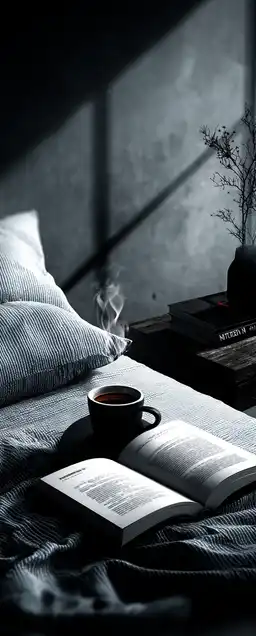 A serene morning scene with white linen bedding, a book lying open and a cup of coffee beside it, light gently spilling in from a nearby window, minimal props, maximum calm