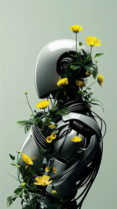 a robot having flowers growing on his body