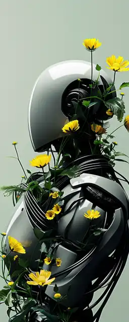 a robot having flowers growing on his body