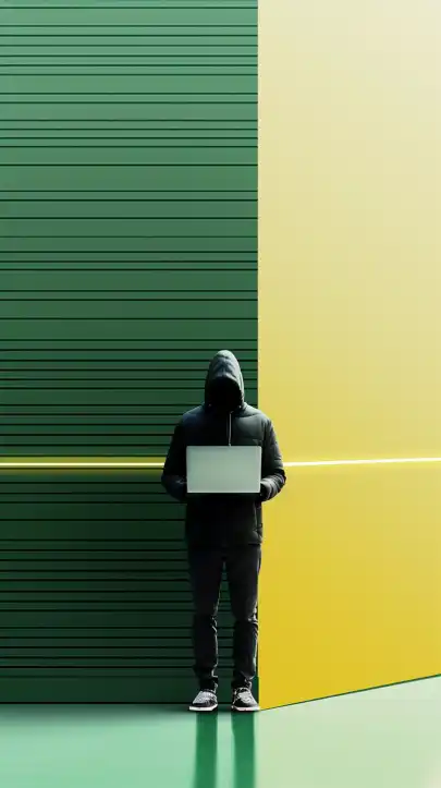a hacker with his laptop standing in front of a bank