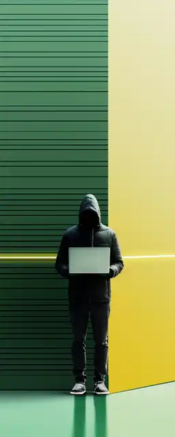 a hacker with his laptop standing in front of a bank