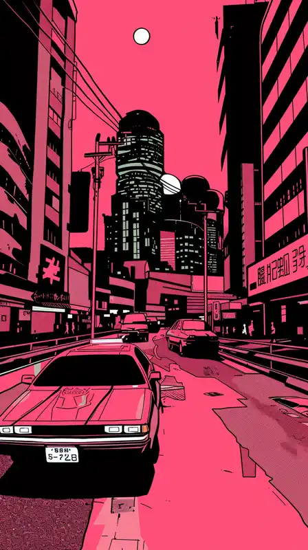 A futuristic cityscape with towering holograms and flying cars, flat comic book shading, 1980s pop art meets Blade Runner