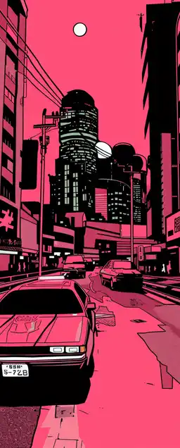 A futuristic cityscape with towering holograms and flying cars, flat comic book shading, 1980s pop art meets Blade Runner