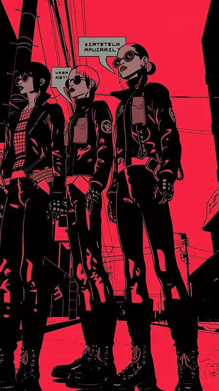 A cyberpunk street gang in leather and LEDs, posing like a Lichtenstein painting, speech bubbles with binary code, bright teal and crimson, warped VHS distortion