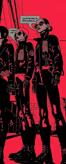 A cyberpunk street gang in leather and LEDs, posing like a Lichtenstein painting, speech bubbles with binary code, bright teal and crimson, warped VHS distortion
