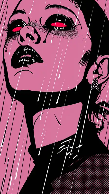 A cybernetic femme fatale with a glowing eye, smirking in a rain-soaked sprawl, pop art style with lime and lavender splashes, retro vector graphic vibe