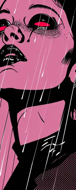 A cybernetic femme fatale with a glowing eye, smirking in a rain-soaked sprawl, pop art style with lime and lavender splashes, retro vector graphic vibe