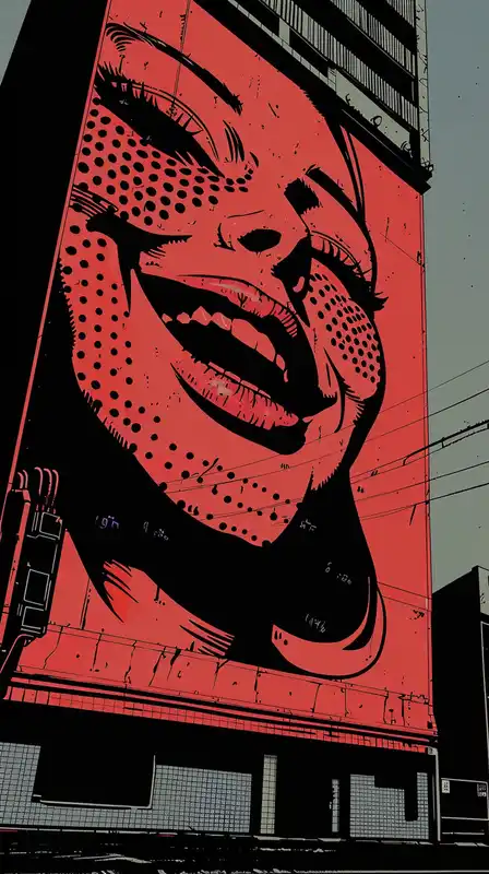 A dystopian billboard of a smiling face selling neural implants, oversaturated orange and teal, comic-style benday dots, flickering hologram effect