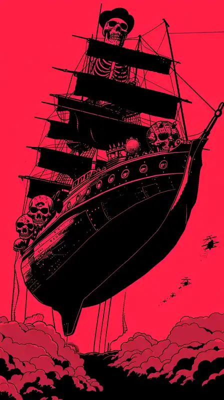 A floating Victorian airship crewed by skeletal pirates