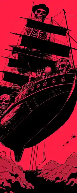 A floating Victorian airship crewed by skeletal pirates