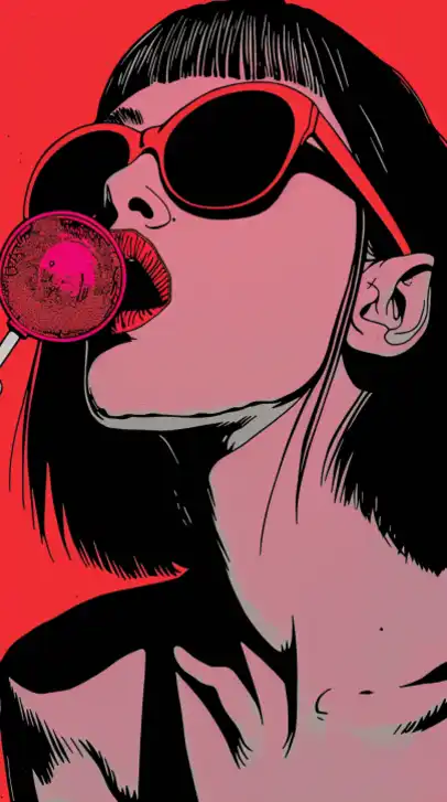 pop art of a feme fatal liking a lollypop
