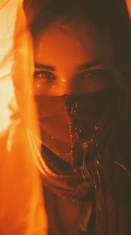 close up fashion shoot of a female woman wearing a scarf in her face as protection from a sand storm