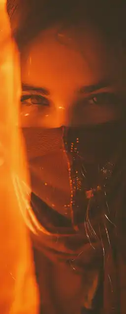 close up fashion shoot of a female woman wearing a scarf in her face as protection from a sand storm